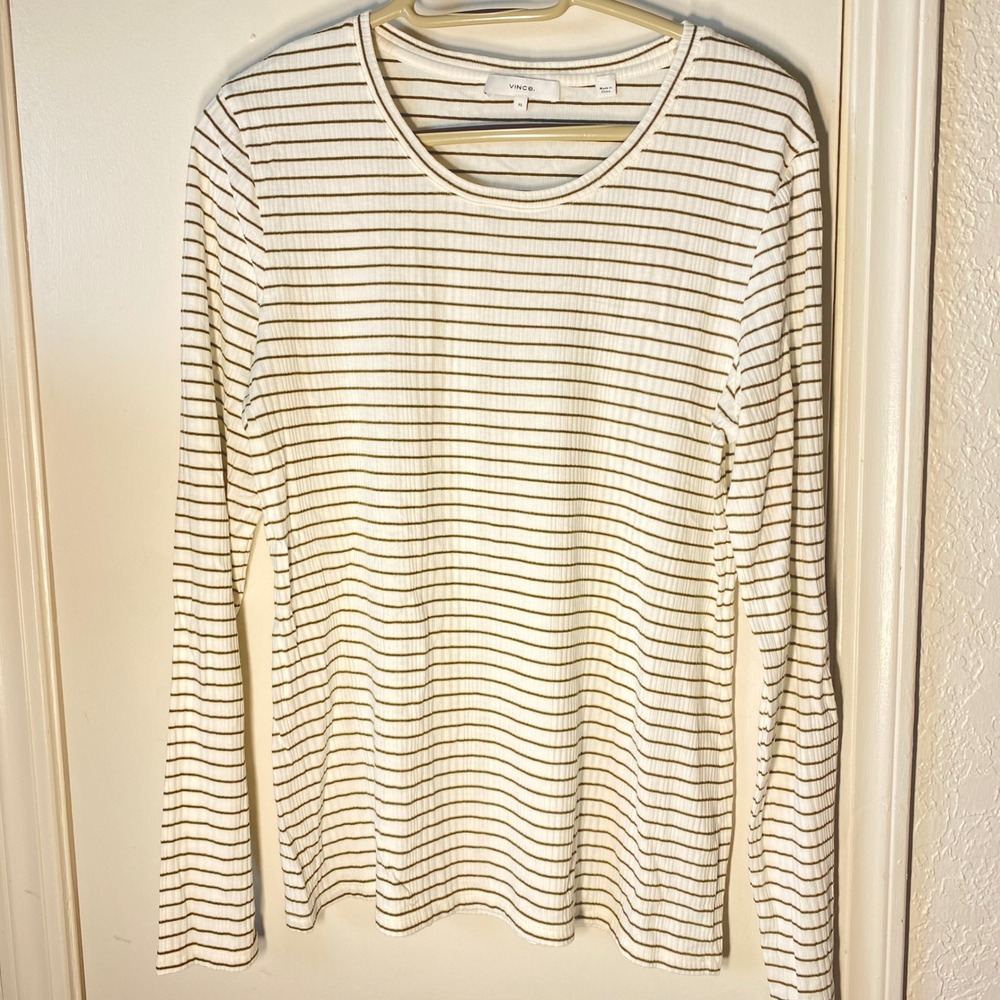 Vince Ribbed Long Sleeve Crewneck Top Cream Olive Green Striped XL